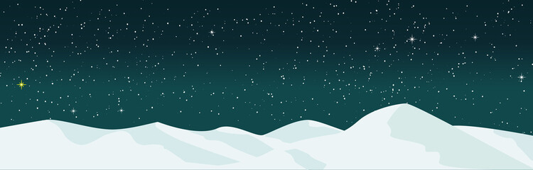 Snowy mountains and galaxies. starry sky, star, snow, cool, vector illustration, graphic, landscape, web banner, web header, green, white, blue,
