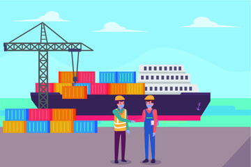 Naklejka premium Worker wearing face mask and handshaking together with container ship background at the port