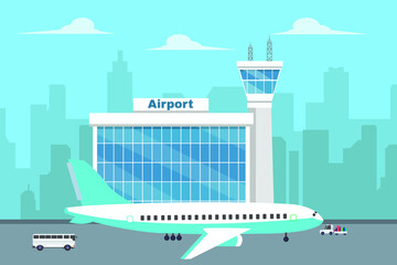 Airport building and controller tower with aircraft is parking at the airport runway