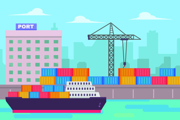 Container ship with port building background and crane at the containers terminal port