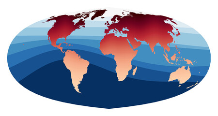 World Map Vector. Foucaut's sinusoidal projection. World in red orange gradient on deep blue ocean waves. Classy vector illustration.