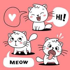 Vector set of illustration of cute white cat in different pose with speech bubble