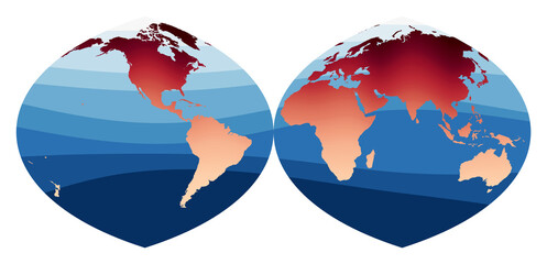 World Map Vector. Quartic authalic projection interrupted into two hemispheres. World in red-orange gradient on deep blue ocean waves. Cool vector illustration.