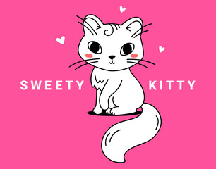 Vector illustration of cute white cat with heart and text