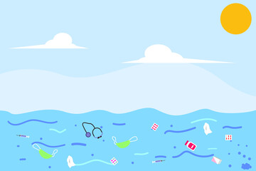 Medical trash pollution floating on the ocean water. Environmental pollution and Ecological problem vector concept