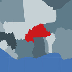 Shape of Burkina Faso in the context of neighbor countries. Country highlighted with red color on world map. Burkina Faso map template. Vector illustration.