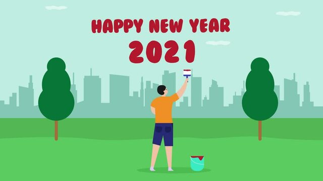 Man using paint to write happy new year 2021 text