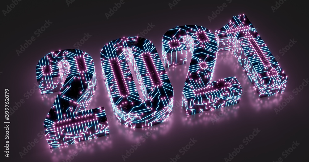 Aufkleber 3d rendering. illustration of 2021 lettering in electronic circuit style with neon tracks and contac