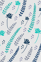 Floral pattern of twigs and leaves in turquoise and blue color