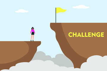 Businesswoman standing on the edge while looking at the flag on the higher edge. Business challenge concept