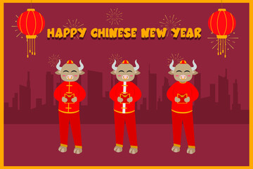 Cow cartoon character celebrating Chinese new year while wearing red cheongsam clothes and holding
