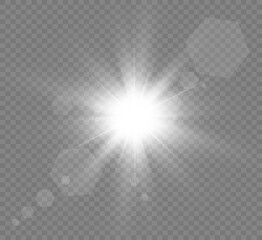 Special lens flash, light effect. The flash flashes rays and searchlight. illust.White glowing light. Beautiful star Light from the rays. The sun is backlit. Bright beautiful star. Sunlight. Glare.	