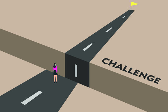 Businesswoman standing on the gap and looking at the challenge road to achieve the success flag
