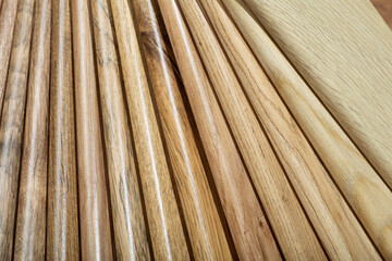 Skirting board background. Samples of Skirting board  with a pattern and wood texture for flooring and interior design. Production of wooden floors - obrazy, fototapety, plakaty