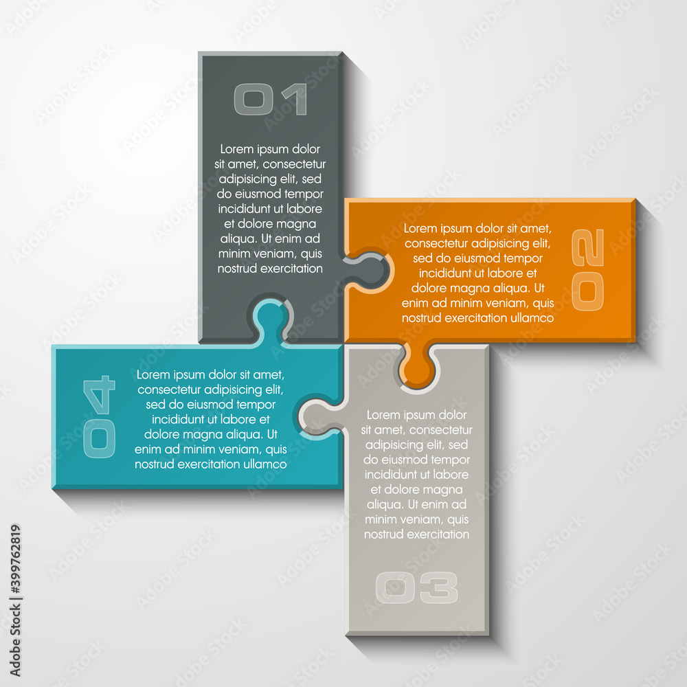 Aufkleber four sided 3d puzzle presentation infographic template with explanatory text field for business stat