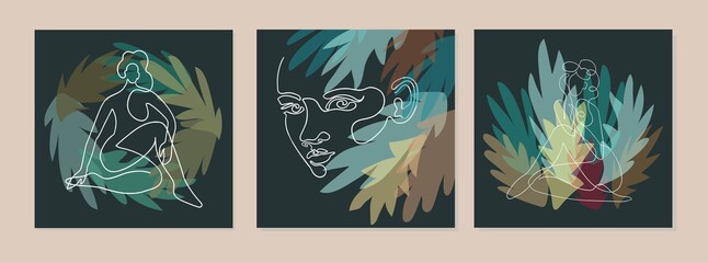 Vector set of collage modern poster with abstract shapes, exotic leaves and one line illustrations of women body. Use it as textile print, greeting card template, social media post, banner, invitation