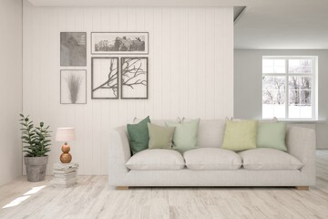 White living room with sofa. Scandinavian interior design. 3D illustration