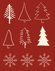 Obraz premium Various snowflakes and christmas tree shapes on red background
