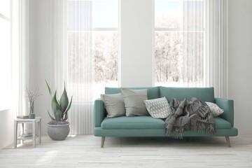 White living room with sofa and winter landscape in window. Scandinavian interior design. 3D illustration