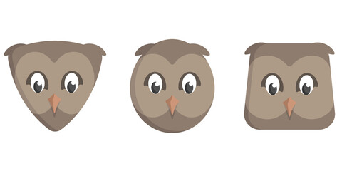 Set of cartoon owls. Different shapes of animal heads.