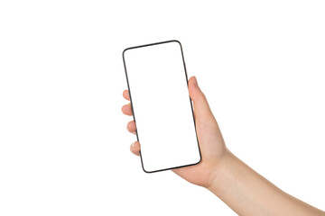 Cropped close up photo of human hand demonstrating telephone advertising with copyspace isolated white background