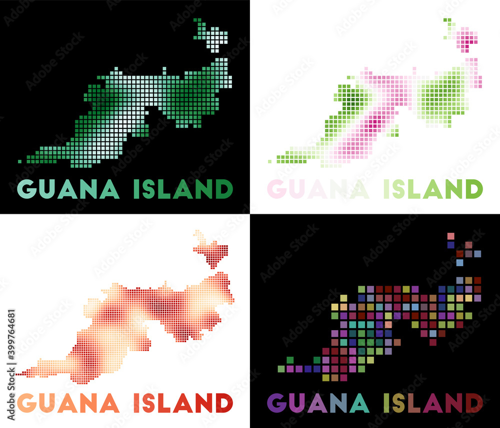 Poster guana island map. collection of maps of guana island in dotted style. borders of the island filled w