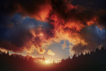 Beautiful sunset from the tops of the mountains of the Carpathians in spring.