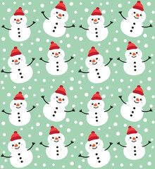 Vector seamless pattern of hand drawn doodle flat snowman isolated on mint green background