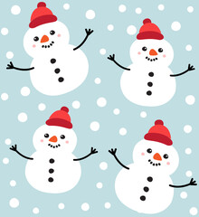 Vector seamless pattern of hand drawn doodle flat snowman isolated on blue background