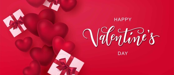 Happy Valentine's day text, hand lettering typography poster on red gradient background. Vector illustration. Romantic quote postcard, card, invitation, banner template.