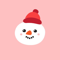 Vector hand drawn doodle flat snowman face isolated on pink background