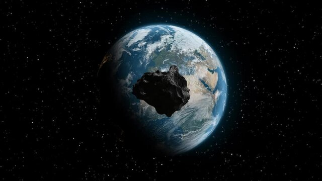 Meteorite hitting the earth. Asteroid on a collision course towards Earth. Explosion, cataclysm end of the world. Global extinction. Elements of this image are furnished by NASA. 3d render
