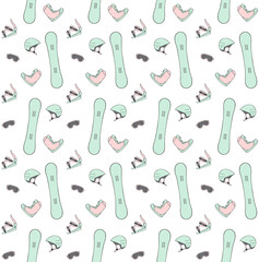 Vector seamless pattern of colored hand drawn doodle sketch snowboard equipment isolated on white background