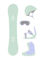 Vector set bundle of different color hand drawn doodle sketch snowboard equipment isolated on white background