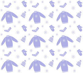 Vector seamless pattern of blue hand drawn doodle sketch winter clothes isolated on white background
