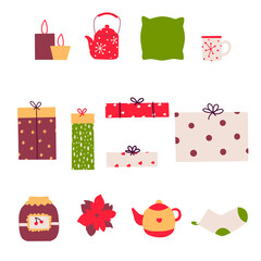 Flat gifts christmas set for paper design. Design element vector illustration.
