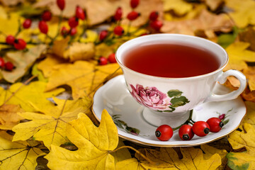 Cup of tea with rosehip berries