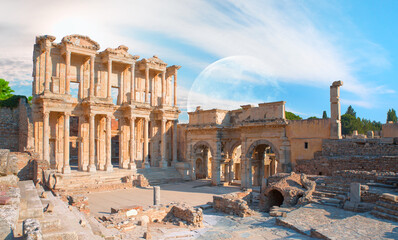 Celsus Library in Ephesus with full moon - Kusadasi, Turkey  "Elements of this image furnished by NASA"