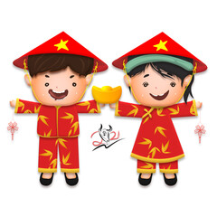 Happy lunar new year 2021 greeting card with cute boy, girl happy smile so funny. Kids hold gold ingot cartoon character. Year of the Ox