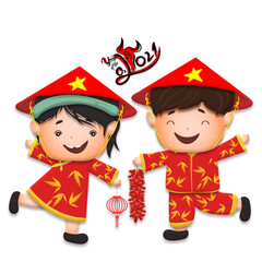 Happy lunar new year 2021 greeting card with cute boy, girl happy smile so funny. Kids hold firecrackers cartoon character. Year of the Ox