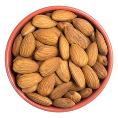 Raw almonds in a brown cup isolated on white bavkground