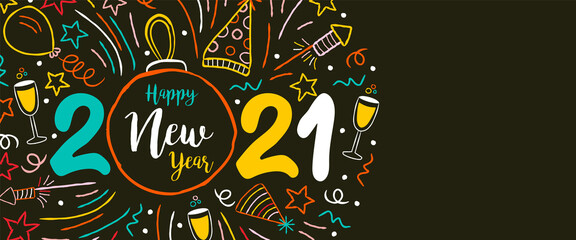 Happy New Year 2021 fun party doodle web banner
