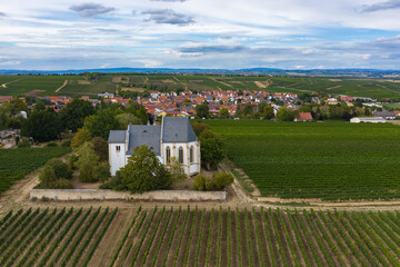 Bird's eye view of the mountain church of Udenheim / Germany in the middle of vineyards