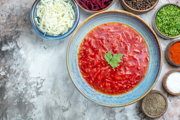 top view tasty borsch with seasonings on white background meal photo cuisine dish color