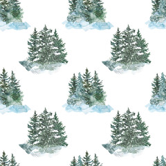 Winter snowy conifer forest seamless pattern. Watercolor spruce and pine tree background. Christmas packaging design, cards, invitation, wrapping paper. Nature landscape print.