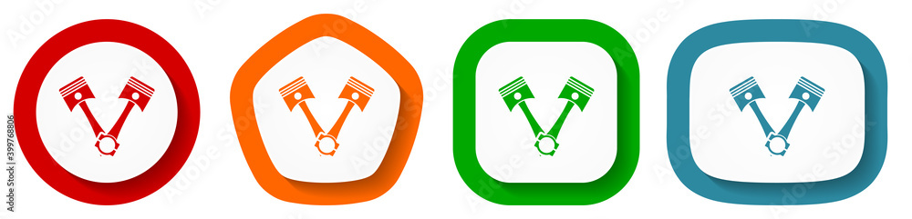Poster pistons vector icon set, flat design buttons on white background