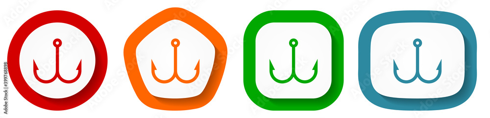Aufkleber fishing hook vector icon set, flat design buttons on white background