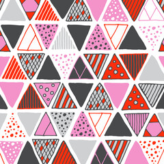 abstract geometric pattern with red and pink triangle line grunge texture on white.
