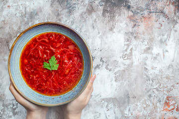 top view delicious borsch ukrainian beet soup inside plate on a white background cabbage red photo dish meal color