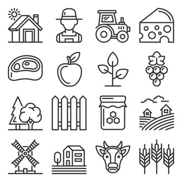 Farm Icons Set on White Background. Line Style Vector